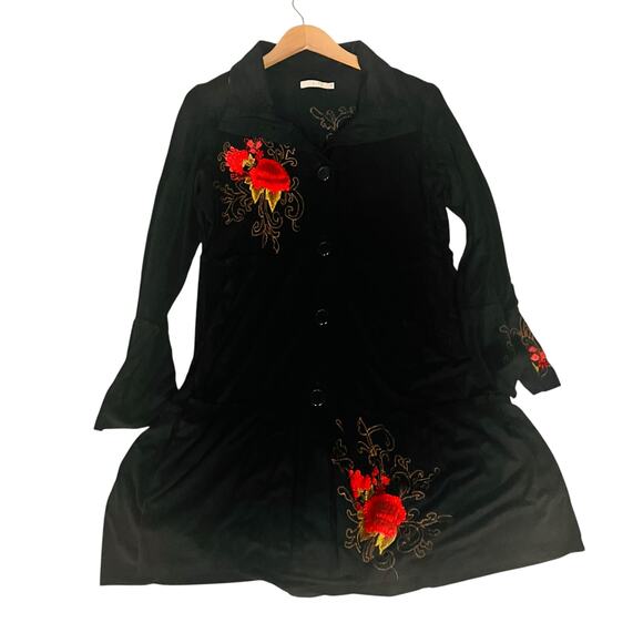 Caite Floral Embroidered Button Front Long Sleeve Dress Size S Small Black Multi - Picture 7 of 7